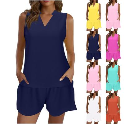 Conjunto Feminino de Pulôver Solto de Cor Sólida com Decote em V, Sem Mangas, Casual com Bolsos e Shorts de Cintura Elástica