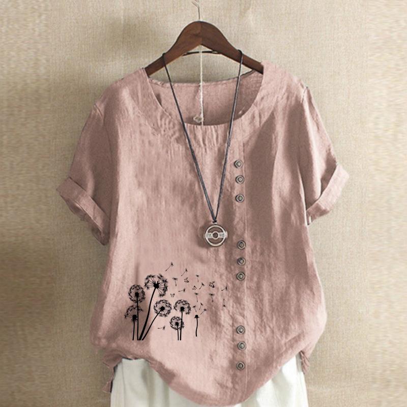 Women's Fashion Black Dandelion Prined Short Sleeve T-shirt Loose Cotton Shirt Casual Loose Summer Plus Size Blouse Tops