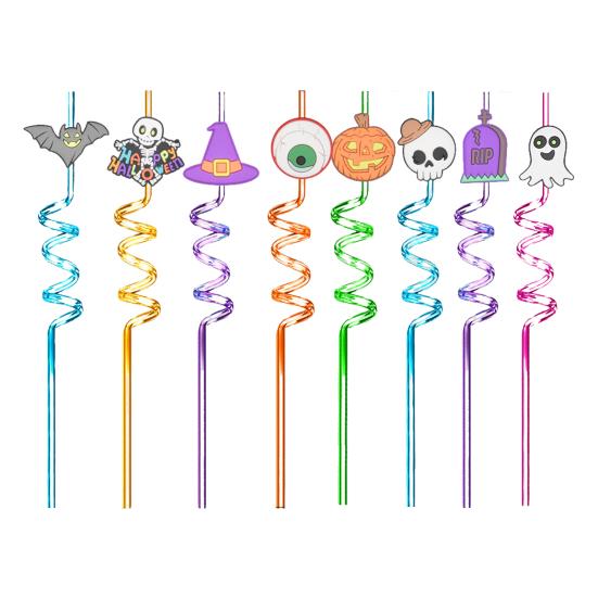 8Pcs Halloween Reusable Drinking Straws Children Spiral Beverage Straw for Hot Cold
