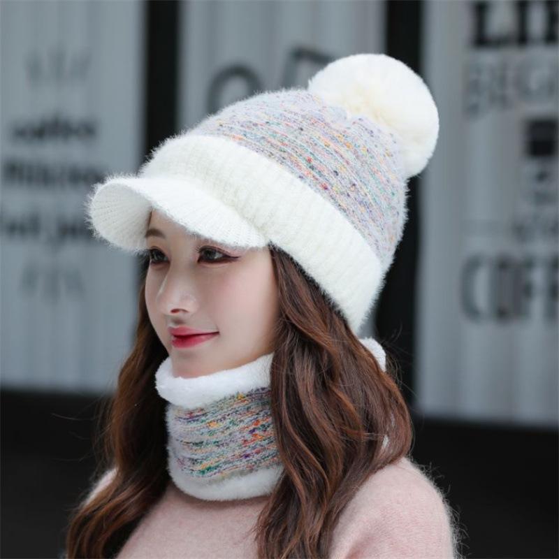 Female winter personalized hat scarf two-piece set fashionable hairball warm and comfortable round hat top adult knitted hat