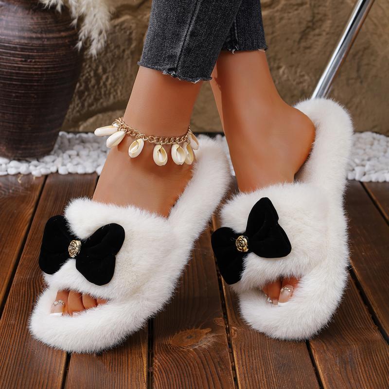 Sweet Suede Bowknot Decoration Faux Fur Slippers Women Autumn Round Toe Thick Bottom Slides Warm Cotton Outdoor Slippers