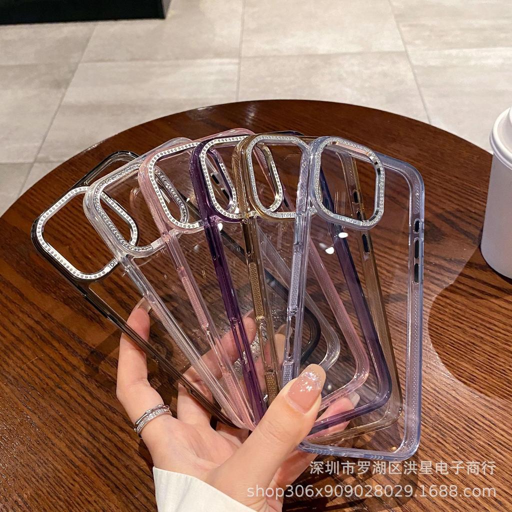 Diamond frame acrylic for iPhone16ProMax mobile phone case large hole Apple 15 transparent anti-drop protective case