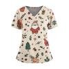 Women's Christmas Print V-Neck Double Pocket Short Sleeves Hem Slit Uniform And Caregiver Top