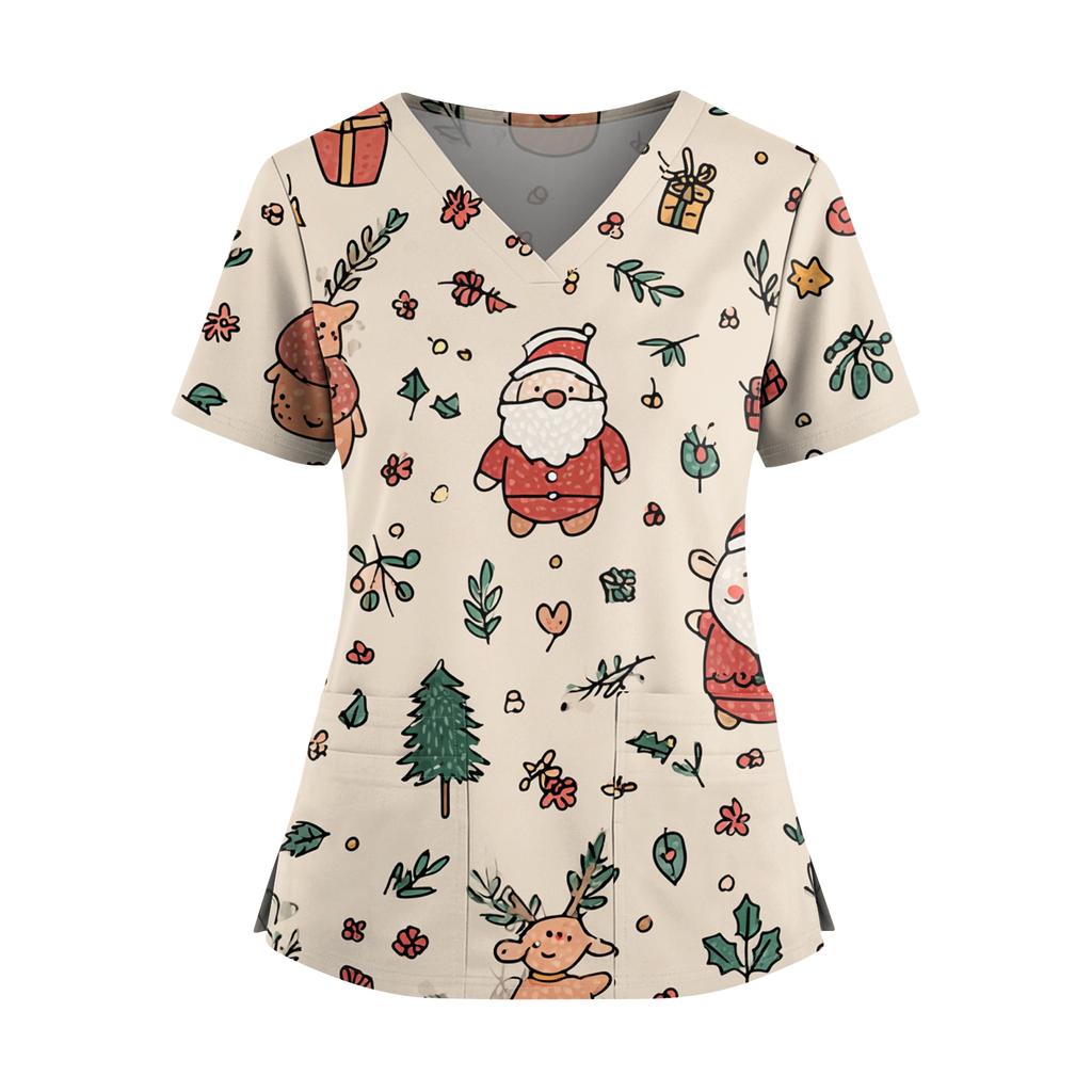 Women's Christmas Print V-Neck Double Pocket Short Sleeves Hem Slit Uniform And Caregiver Top