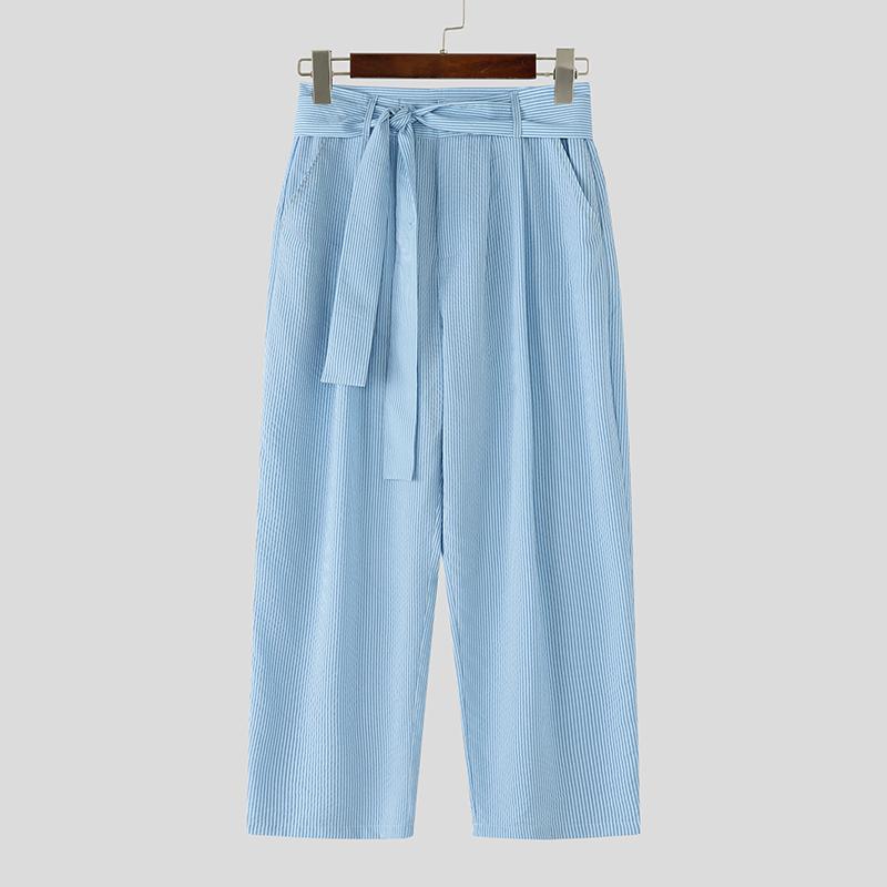 

INCERUN Мужские повседневные брюки гаремы на молнии спереди, с перекрученным полосатым принтом на талии L синий