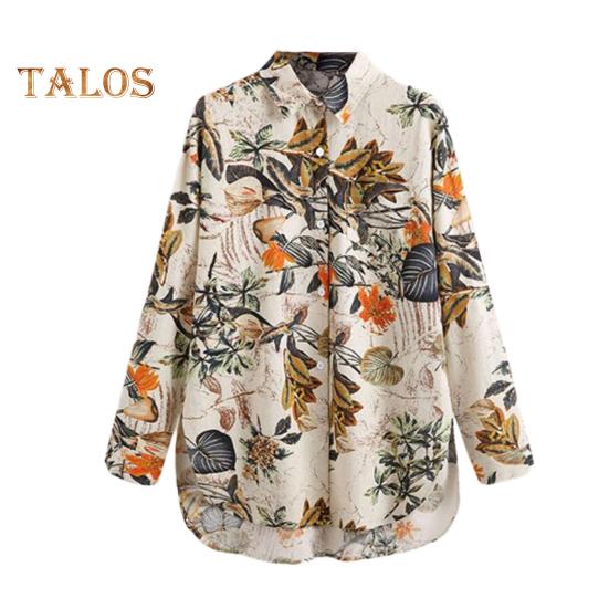 

Летняя женская рубашка с лацканами, однобортная рубашка с длинным рукавом, топы с цветочным принтом, свободная посадка, повседневная блузка с принтом 2XL хаки
