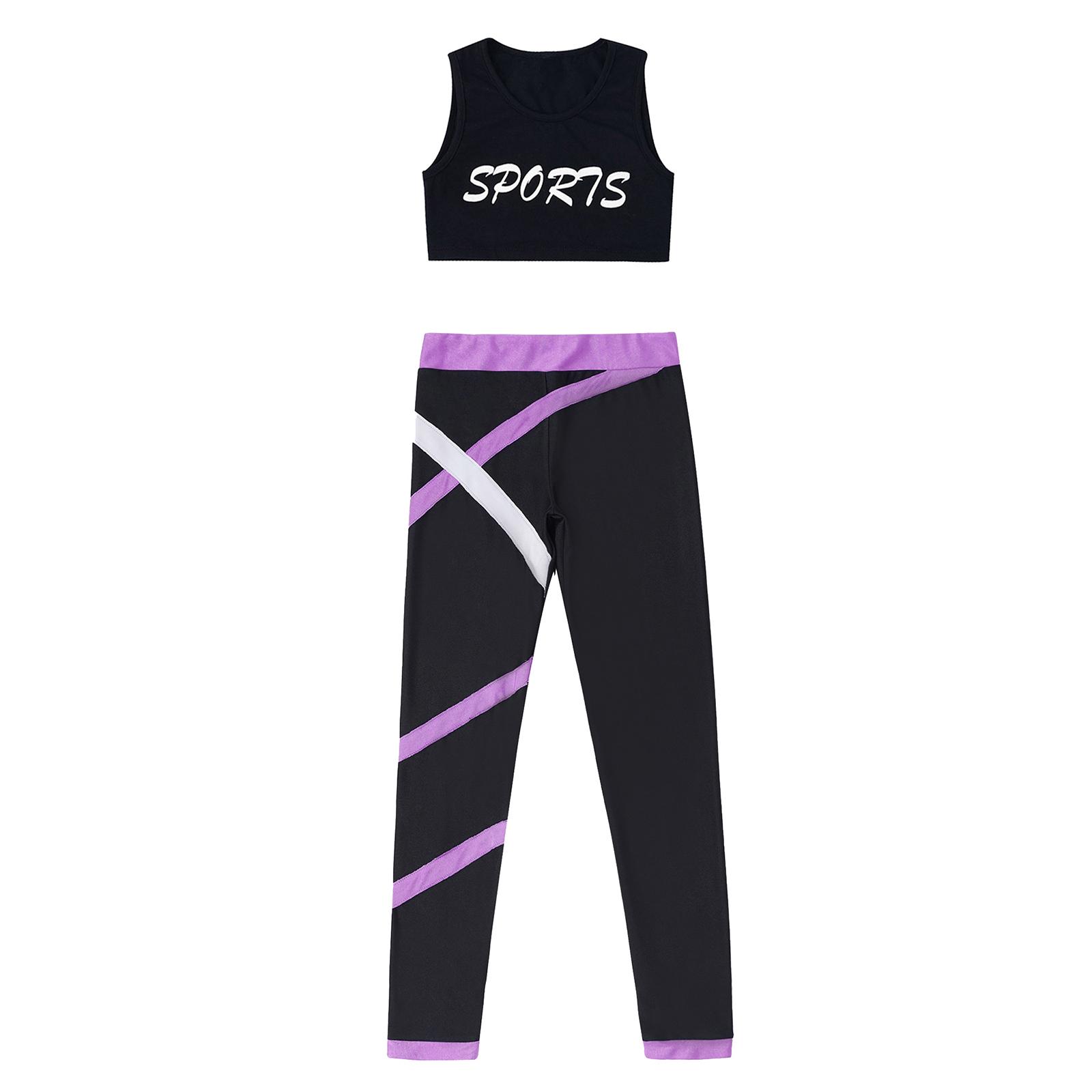 

Дитячі легінси для дівчаток із 2 предметів з короткими топами без рукавів Одяг для гімнастики Спорт Тренування Фітнес 11-12 Years чорний/лавандовий