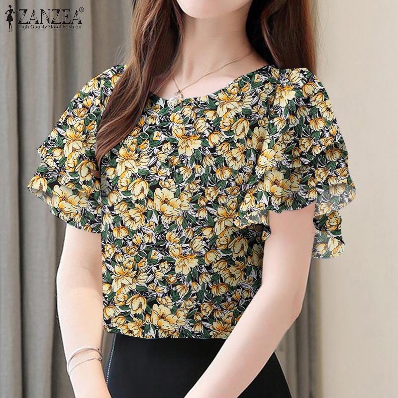 

ZANZEA Women Casual O-neck Ruffles Short Sleeve Floral Print Blouse 3XL жовтий