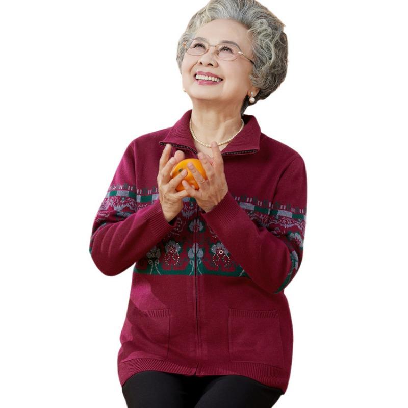 Autumn and winter clothes old lady fleece thickened coat old man sweater cardigan women's spring and autumn grandma clothes mother knitted sweater
