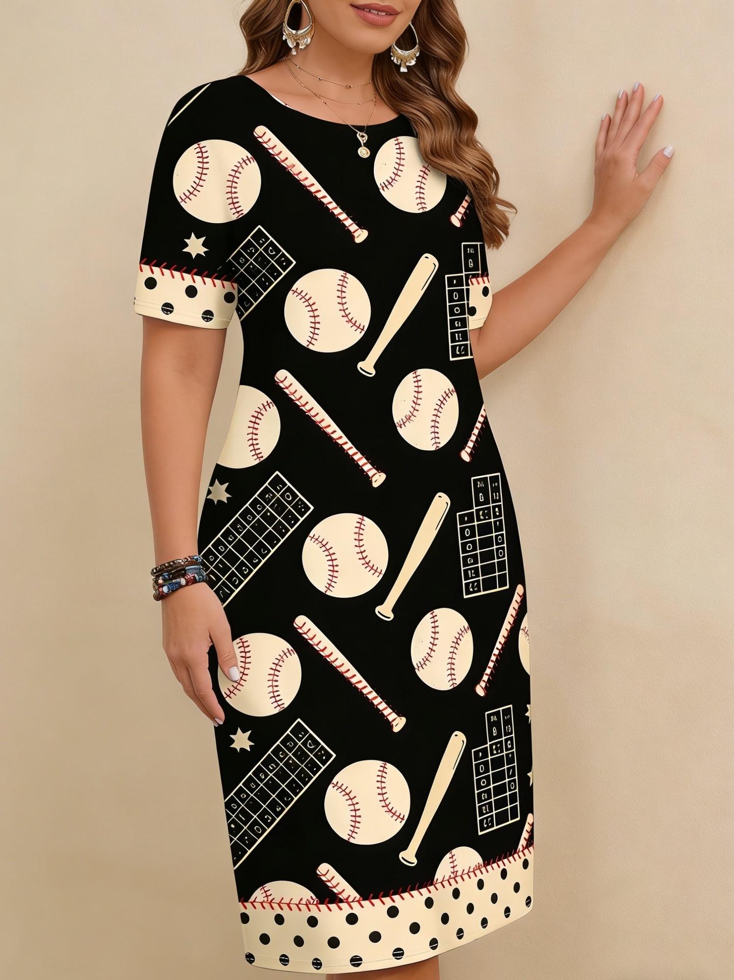 European and American casual round neck short sleeve sports fashion style print pattern cuff polka dot splicing loose home dress women 1XL