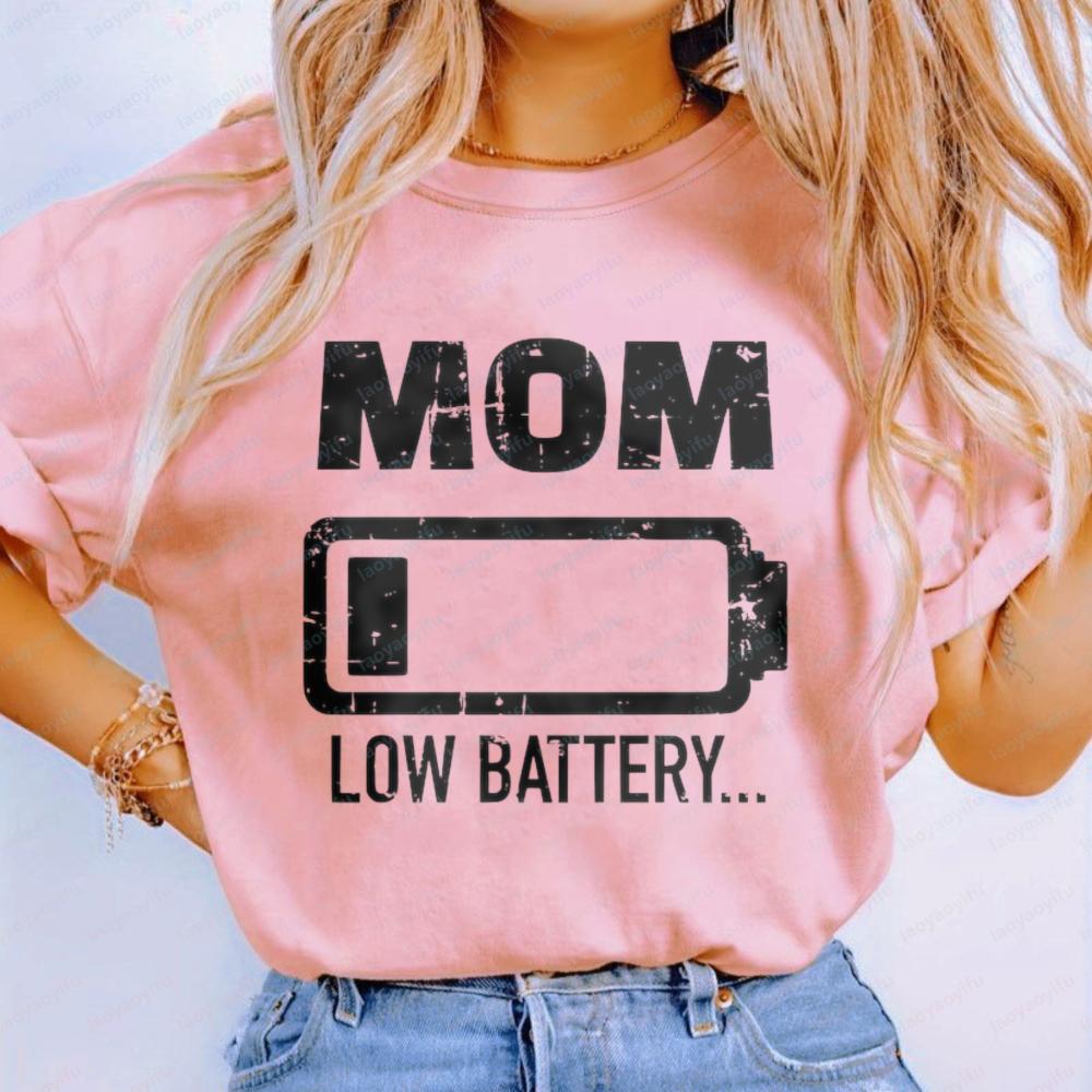 Mom Low Battery Graphic Print Cotton T-Shirt Funny Simple Mother's Day Gift Retro Casual Summer Trendy Tops for Women Ropa Mujer
