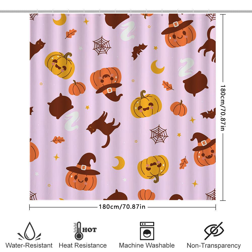 Charming Halloween-Themed Shower Curtain Set With Pumpkin Witch Hat Patterns For Bathroom Decorations Pink Background, Size 180C