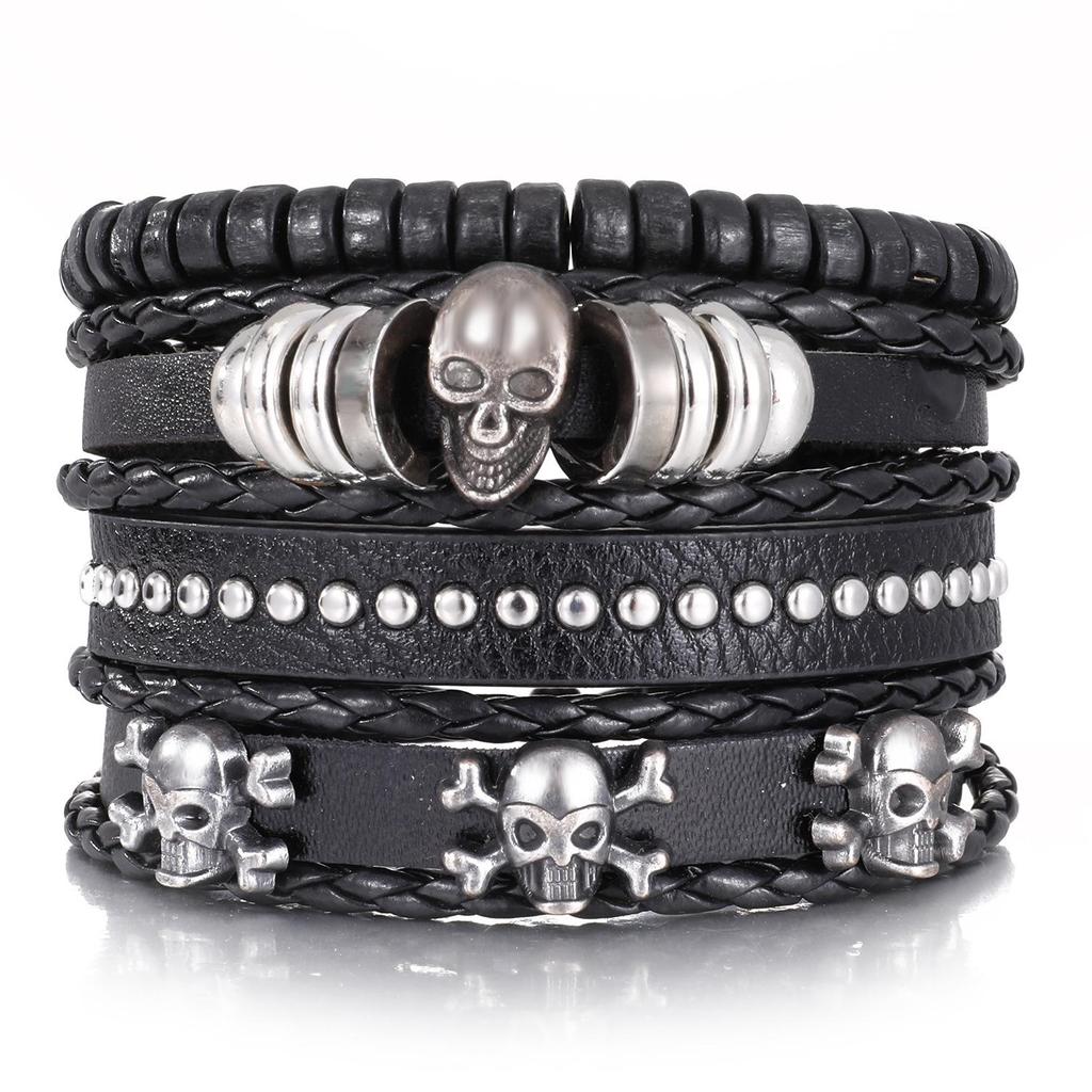 European & American Handmade Braided Leather Bracelet Set: Men's Hip Hop Punk Vintage Multi-layer Jewelry