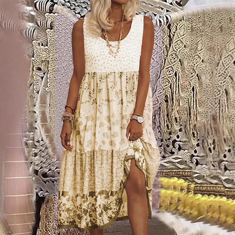 

Повседневное женское платье миди летнее с цветочным принтом без рукавов с плоским вырезом А-силуэта пляжные платья больших размеров XS жёлтый