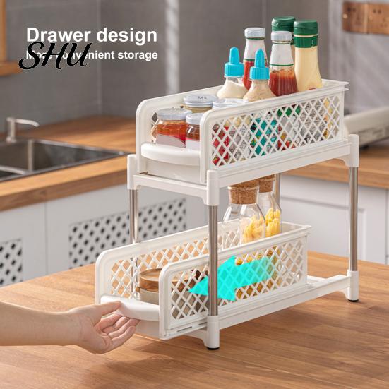 Double-layer Bathroom Organizer Sliding Under-sink Storage Rack Double-Layer Design Large Capacity Kitchen Shelf Strong Load-bearing Easy Assembly