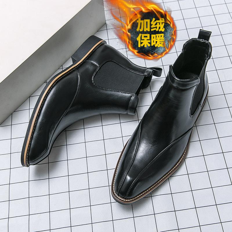 Autumn and winter velvet men's trend high casual leather shoes pointed short boots large size Martin boots