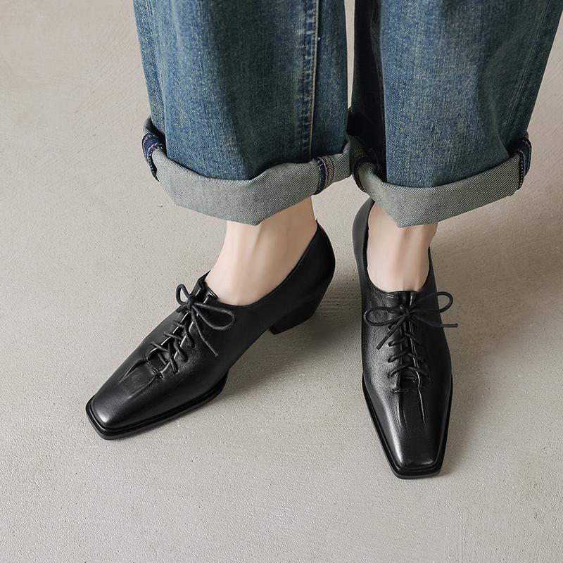 Fashion 2025 New Spring Genuine Leather Women Pumps Shoes for Women Fashion Buckle Squared Toe Loafers Shoes for Women Med Heels Ladies
