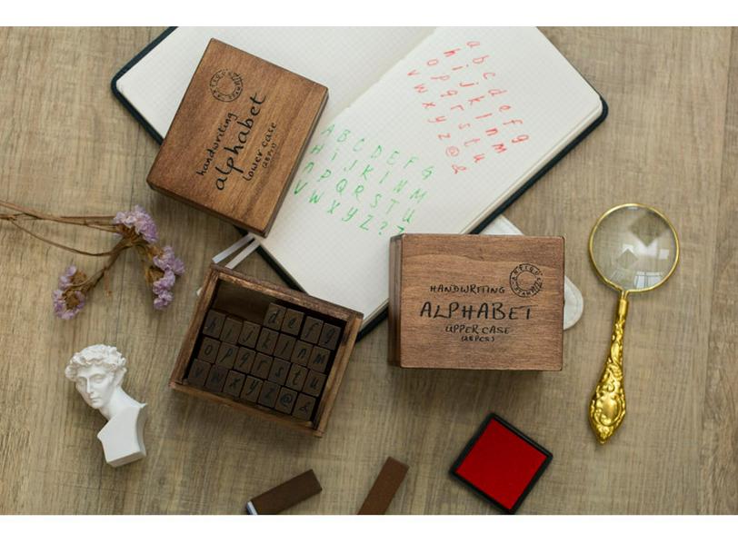Retro Wooden Box Set: Uppercase & Lowercase English Alphabet and Number Stamps