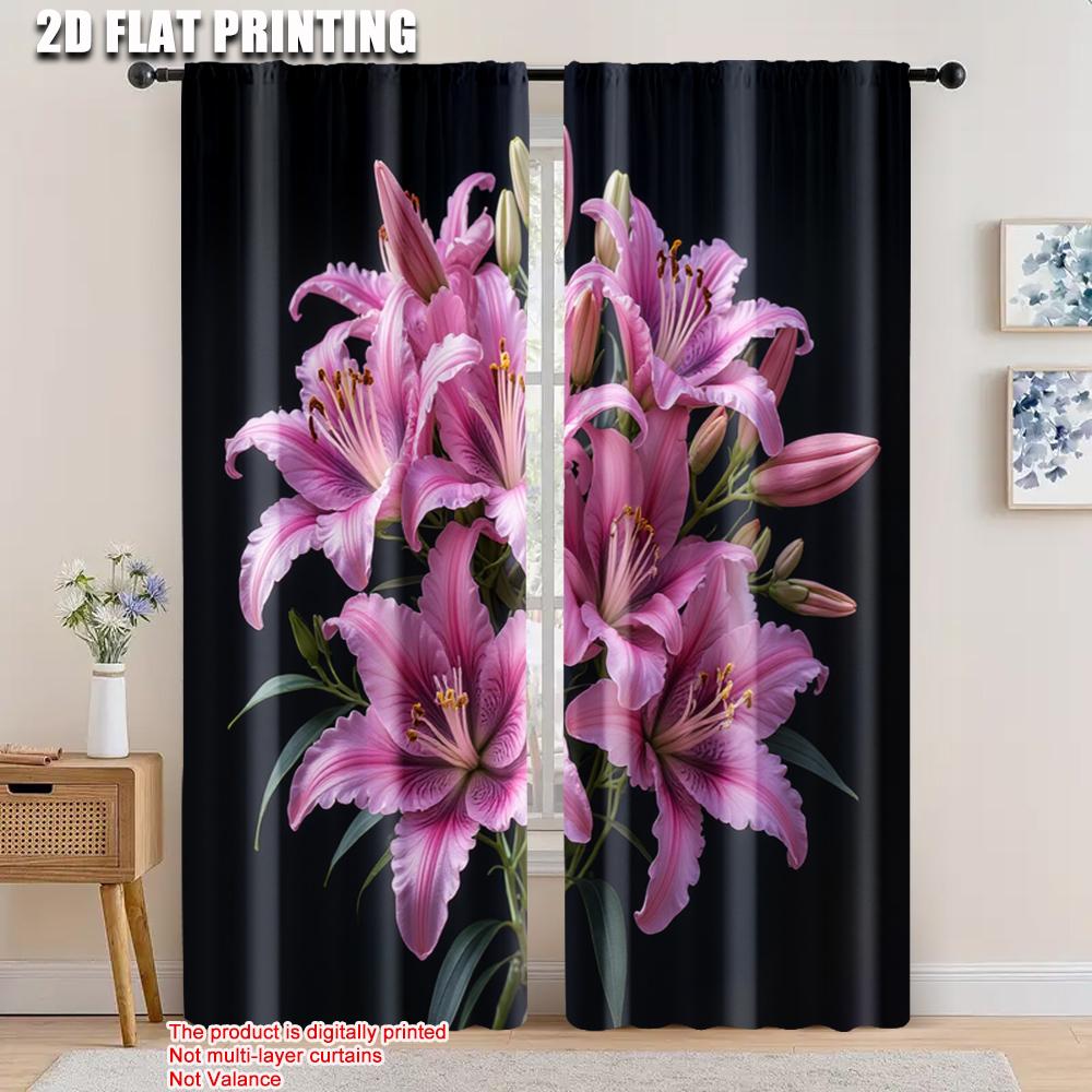 2pcs, 2D flat printing Window Curtains lily Versatile Polyester Fabric,Without Electricity Festive Holiday Applies to Home Use