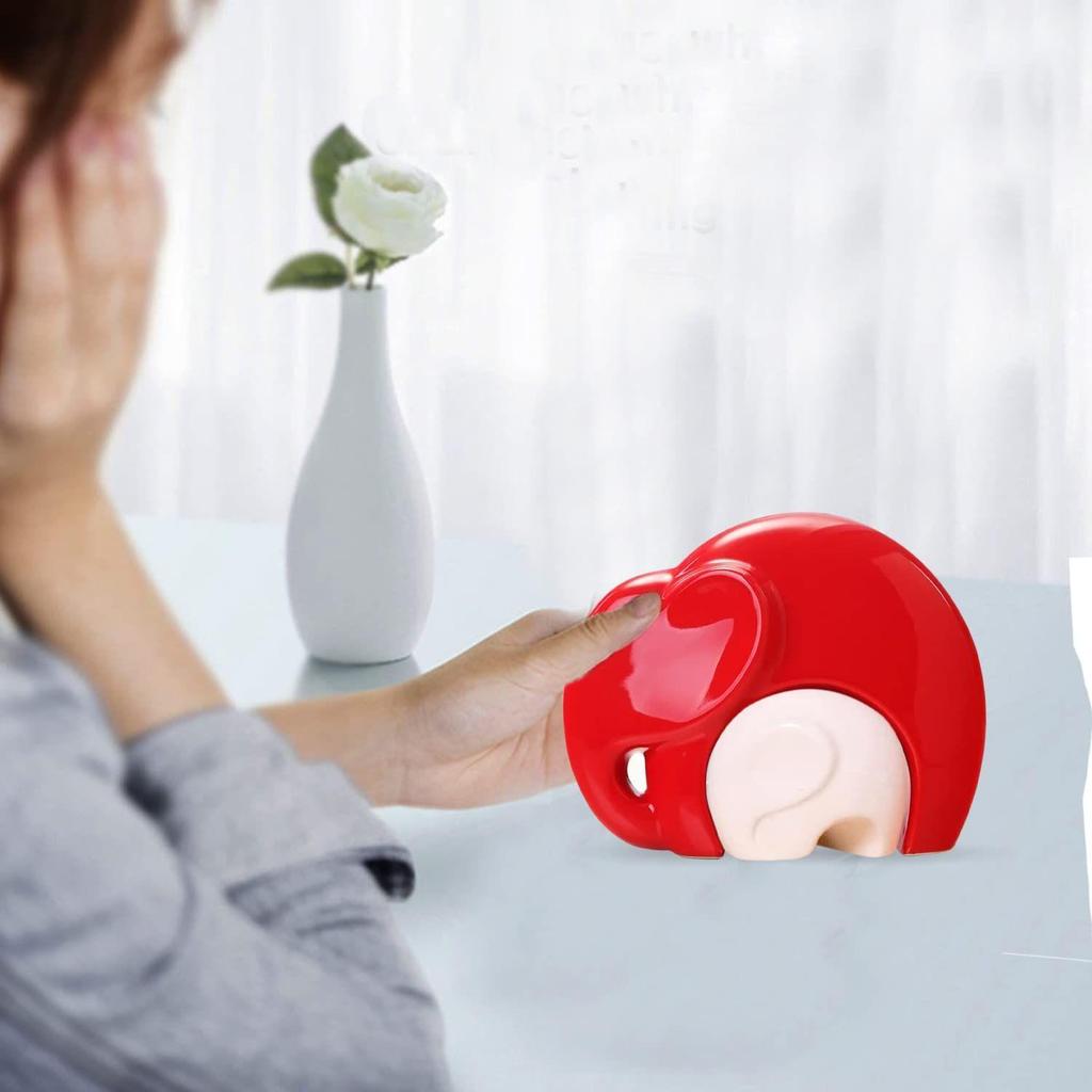 Home Décor Lucky Charm Elephant Mother and Kid Set | Piano Finish Ceramic Figures - (Set of 2 Piece, Red & White)