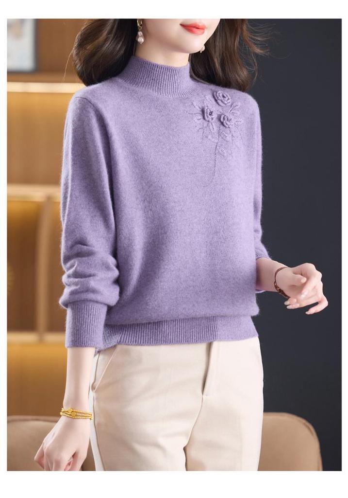 Women's Slimming Half-High Collar Wool Sweater - Thick Warm Winter Base Layer for Middle-Aged Women
