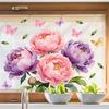 Watercolor Peony Flower Window Cling Floral Butterfly Window Sticker Static PVC Glass Doors Decals for Home Office Living Room