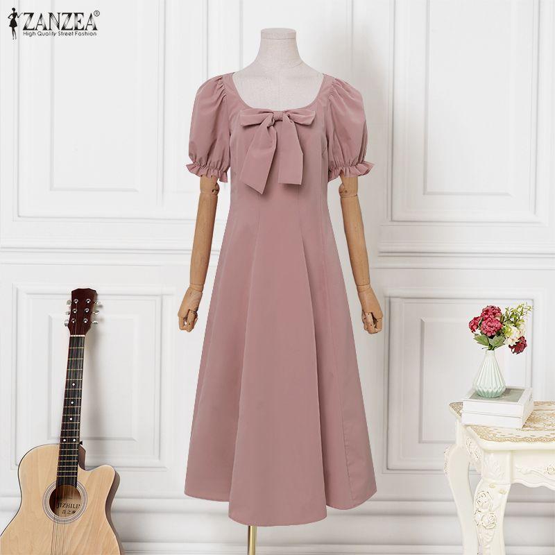 ZANZEA Women Elegant Square Collar Casual Short Sleeve Long Dress