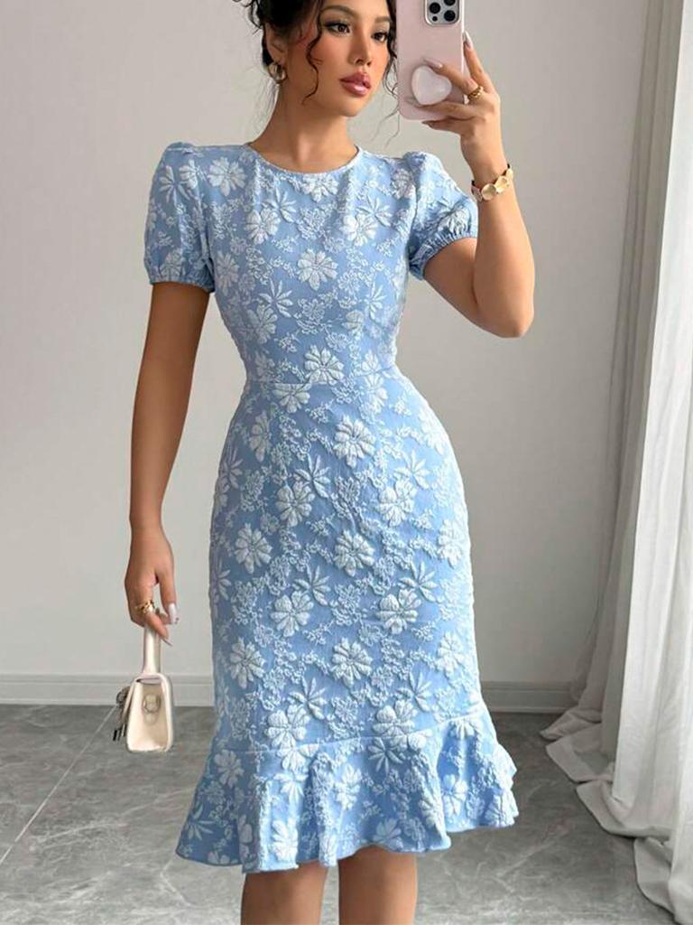 Overseas Summer New Arrival Small Daisy Relief Dress Slim Fit Mermaid Tail Short Sleeve