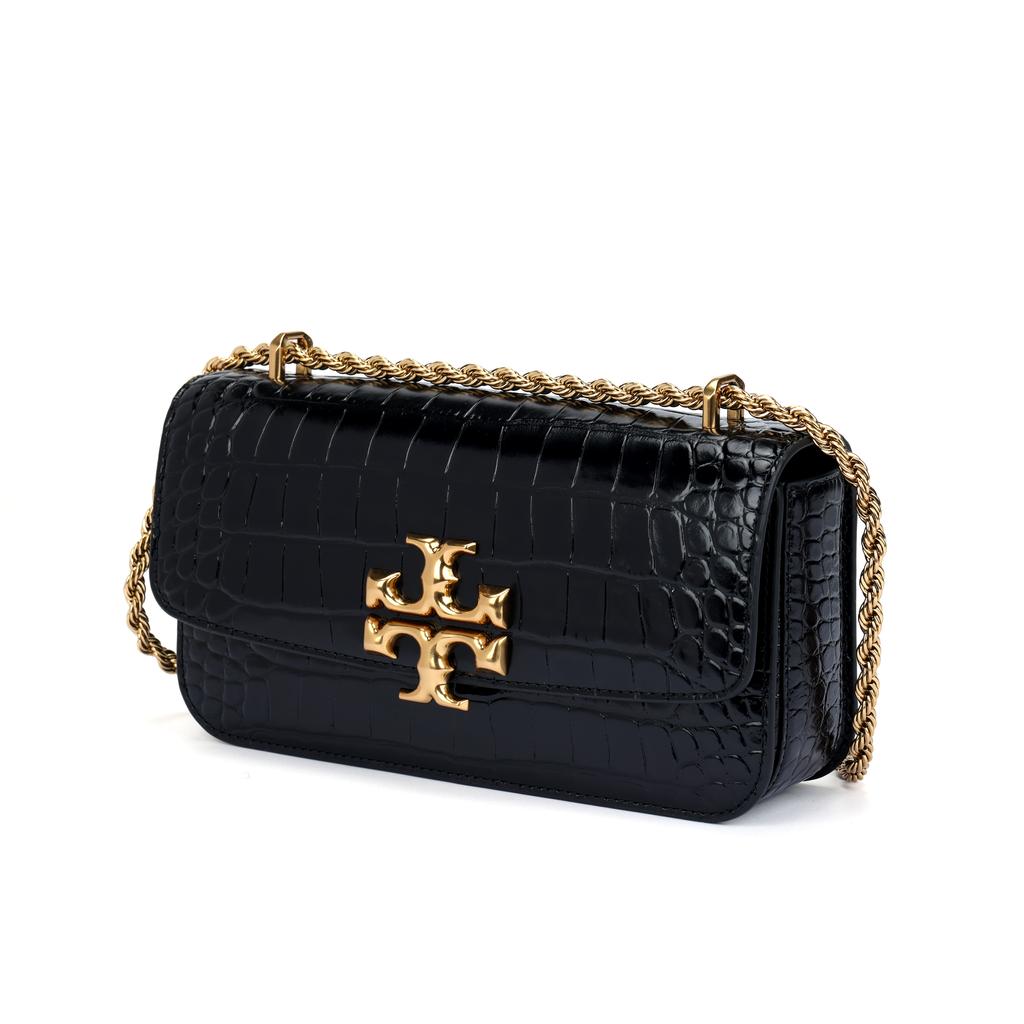 Tory Burch Eleanor Solid Double T Logo Crocodile Pattern Flap Chain Leather Handbag Women Handbags Black Gold 152261-890