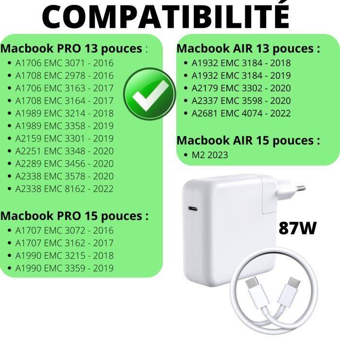 87W Charger - Phonillico - USB-C - Compatible MacBook PRO/AIR - 2m USB-C Cable - White