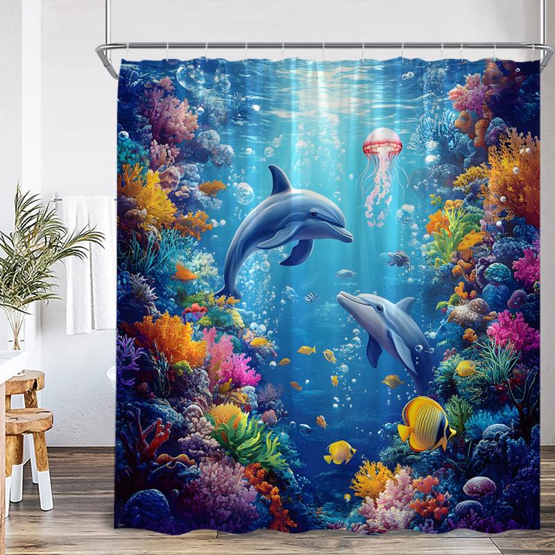 Ocean Dolphin Sea Turtle Shower Curtains Rainbow Waterfall Flowers Octopus Tropical Fish Seabed Scenery Bathroom Curtain Decor