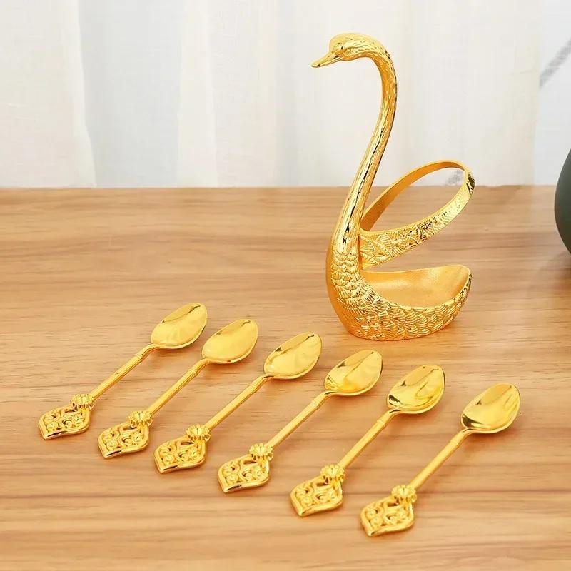 6Pcs Coffee Spoon Set Ice Cream Cake Scoop Afternoon Tea Dessert Spoons Swan Shape Storage Rack Kitchen Cutlery Creative Gifts