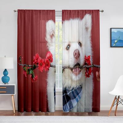 Cute Samoyed Dog Holding A Flower Branch Tulle Curtains for Living Room Window Bedroom Kitchen Decor Luxury Sheer Voile Curtains