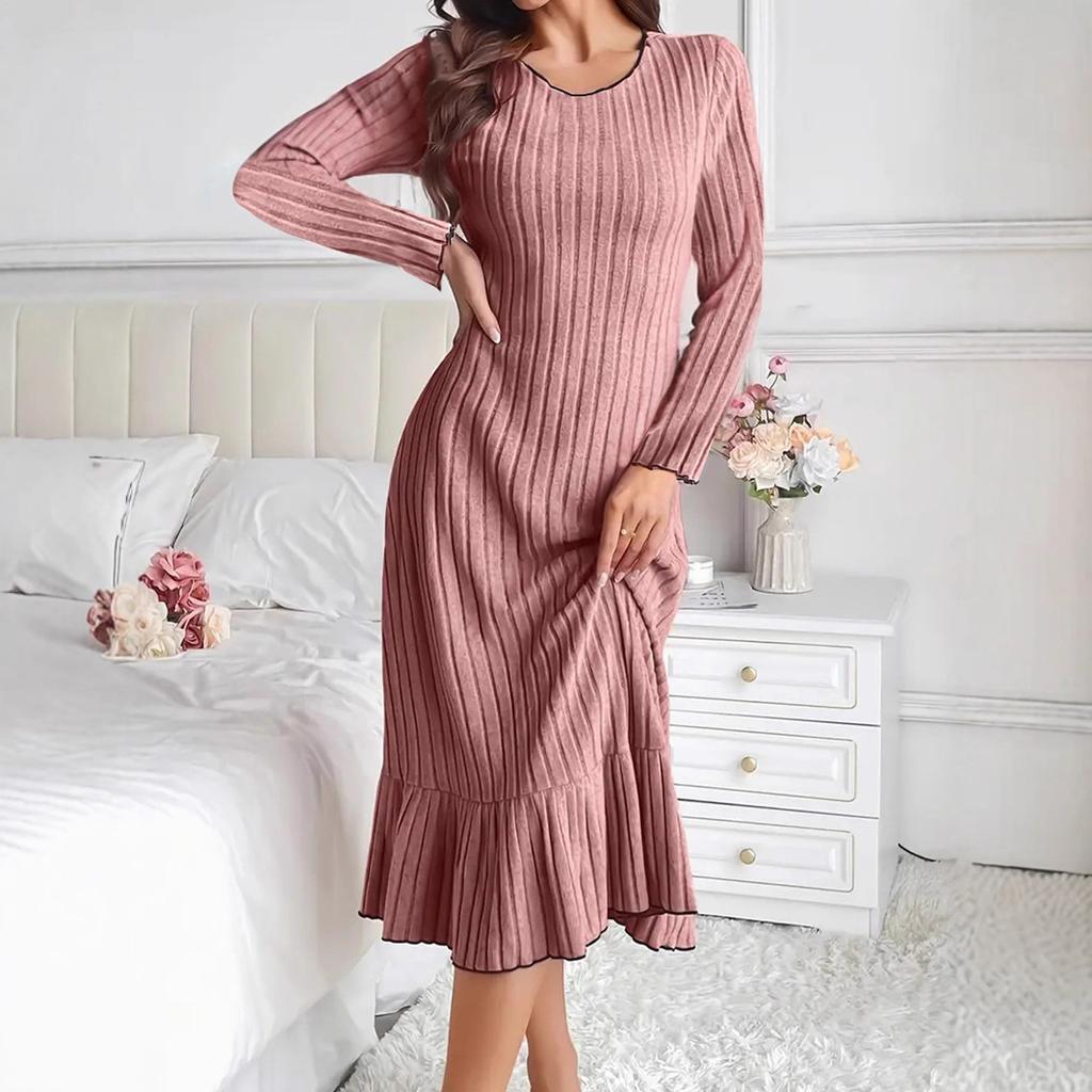 Autumn Winter Solid Long Sleeve O-neck Ruffles Maxi Dress Women's Elegant Mermaid Skirt Skinny Elastic Knitted Dresses for Women