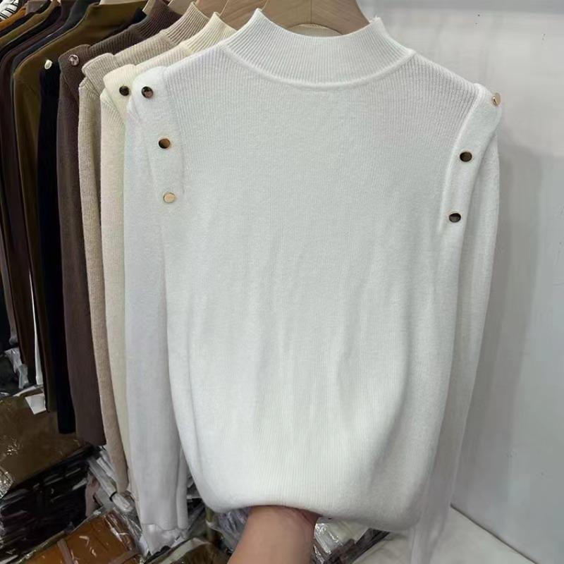 Pull Tricoté Élégant Mode Col Mi-Haut Uni Femmes Automne Décontracté Coupe Slim Manches Longues Pulls Femmes Tops Hiver Chaud Maille de Base 24880