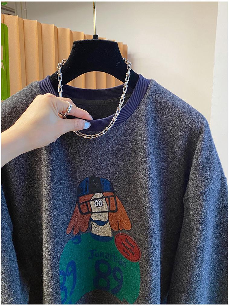 Women's 2025 Cartoon Print Woolen Long Sleeve T-shirt: Loose, Warm, Plus Velvet, Brushed Inner Layer