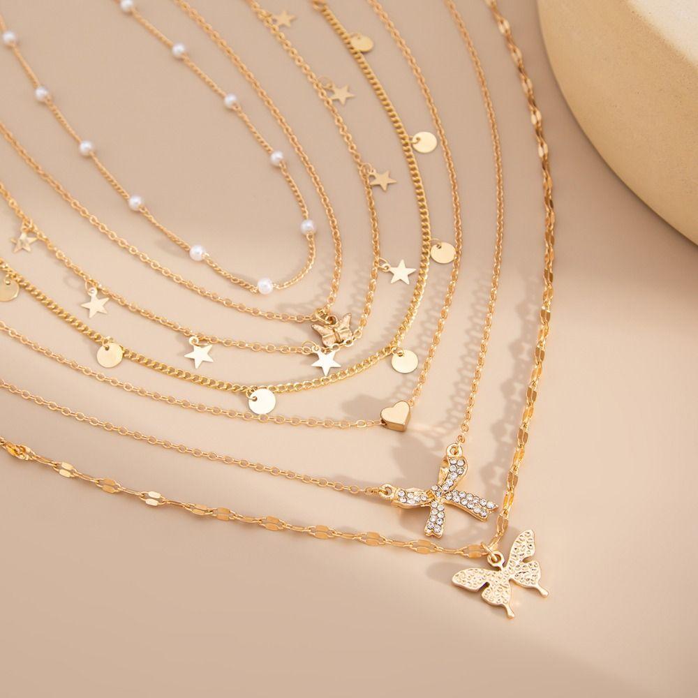 Pearl Clavicle Chain Butterfly Pendant Metal Choker Europe America Style Multilayer Necklace Party