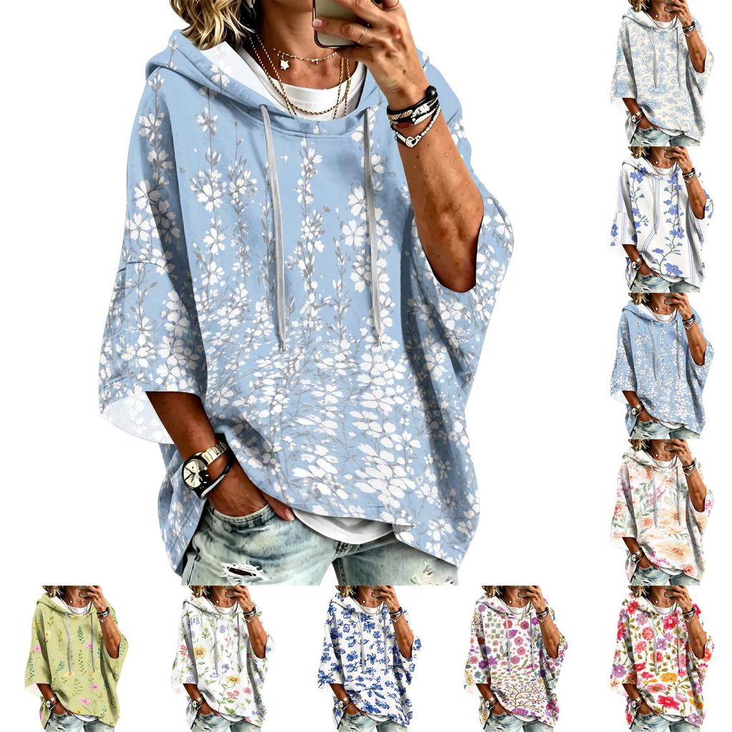 Women's Hooded Pullover Top with Three-Quarter Sleeves Floral Print Casual Fashion Top