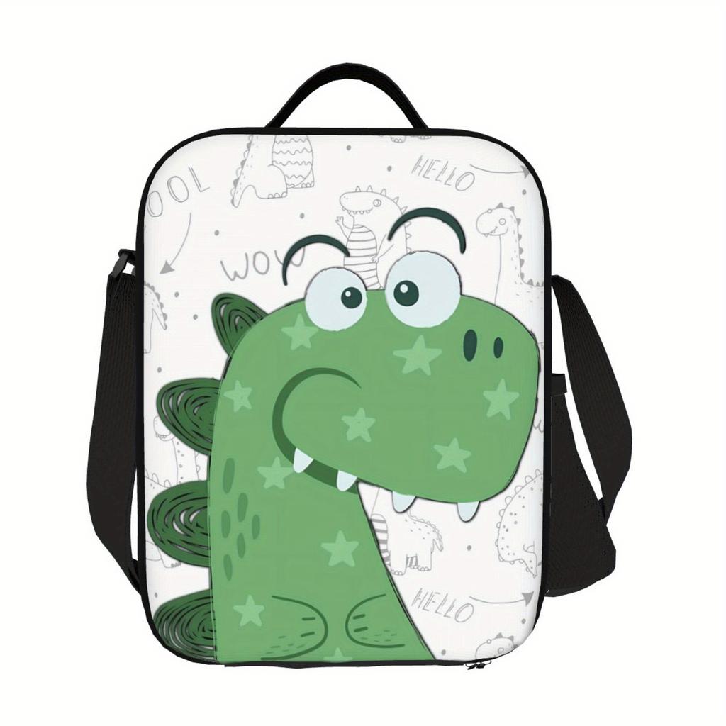1pc Green Dinosaur Pattern Insulated Lunch Bag - Waterproof Polyester, Reusable Cooler with Playful Dinosaur Design,