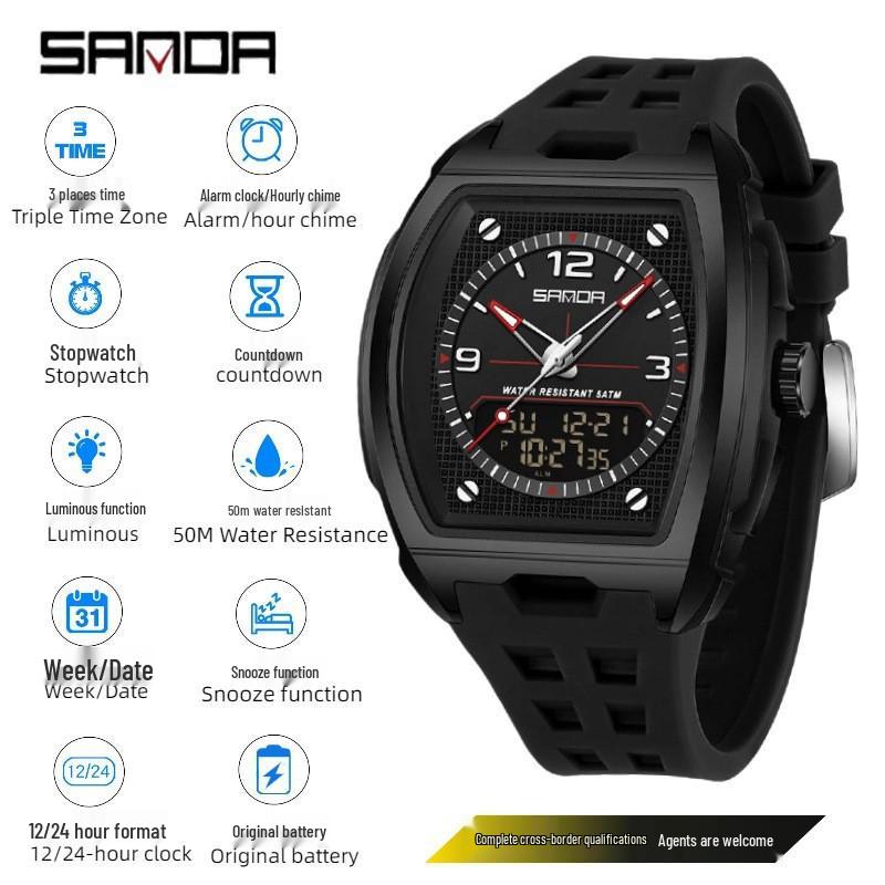 SANDA Men s Barrel-Shaped Countdown Alarm Clock: Outdoor Sports Luminous Dual Display, Triple Time Zone, Waterproof Watch.