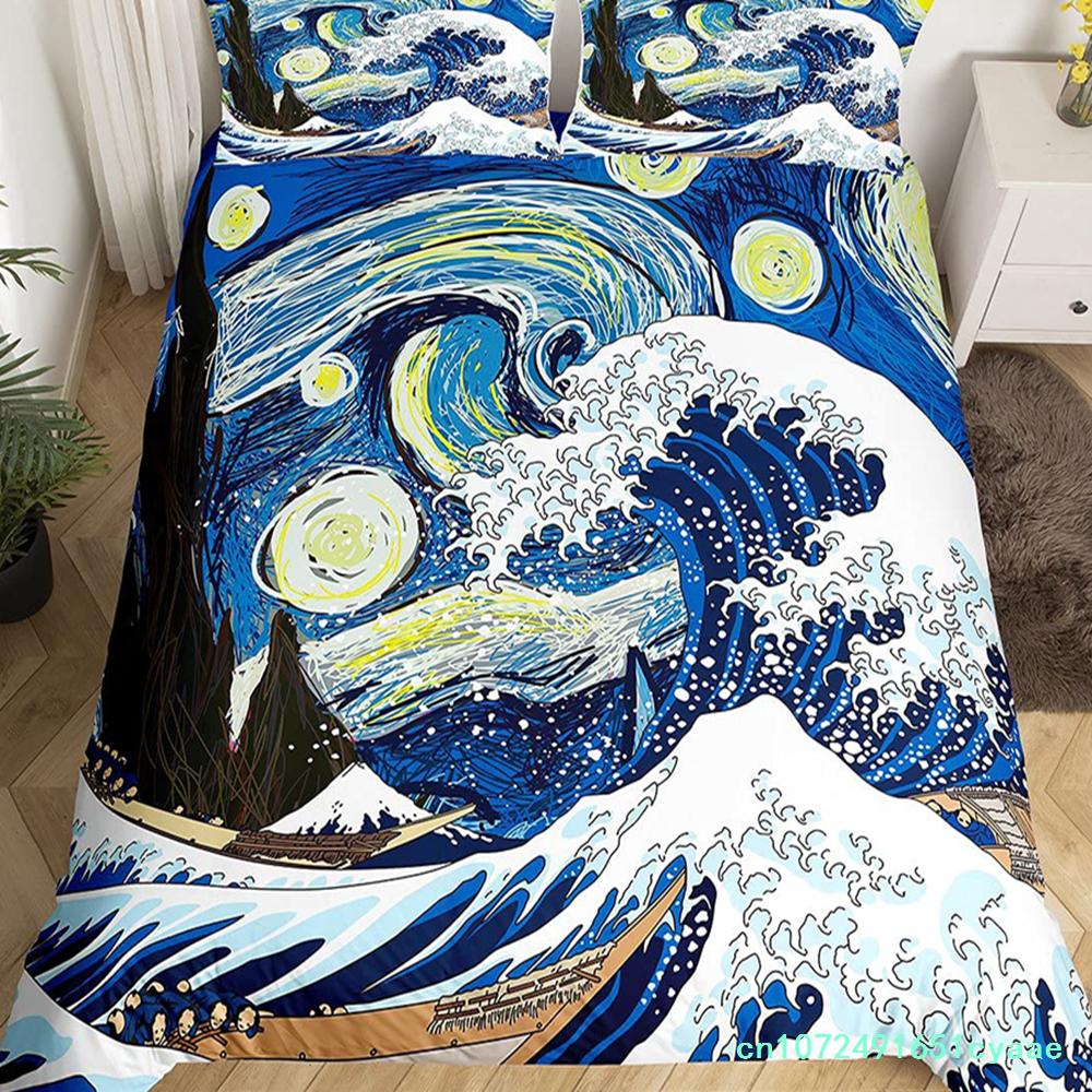 Japanese Ukiyo-e King Queen Duvet Cover Golden Fish Hokusai Bedding Set Crane Wave Quilt Cover Red Sun Polyester Comforter Cover
