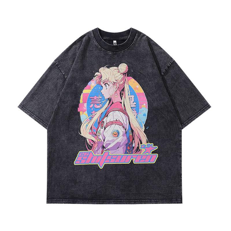 European And American High Street Abstract High Definition Printing Heavy Old Short Sleeve T-Shirt Men And Women Retro Washing Water Half Sleeve Base
