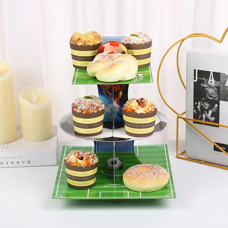 Sports Football Theme Party Cupcake Stand Holder Soccer 3-Tier Dessert Display Rack for Boy Birthday Baby Shower Party Decor