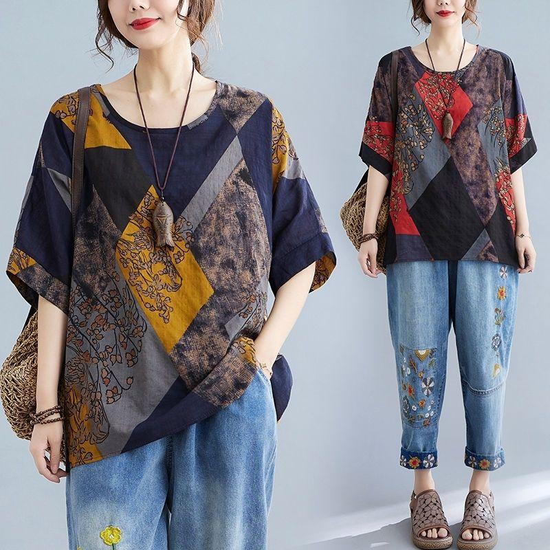 Cotton and Linen Plus Size Women's Summer Literary Retro Round Neck Printed Shirt Fashion Bat Sleeve Short Shirt Loose Top