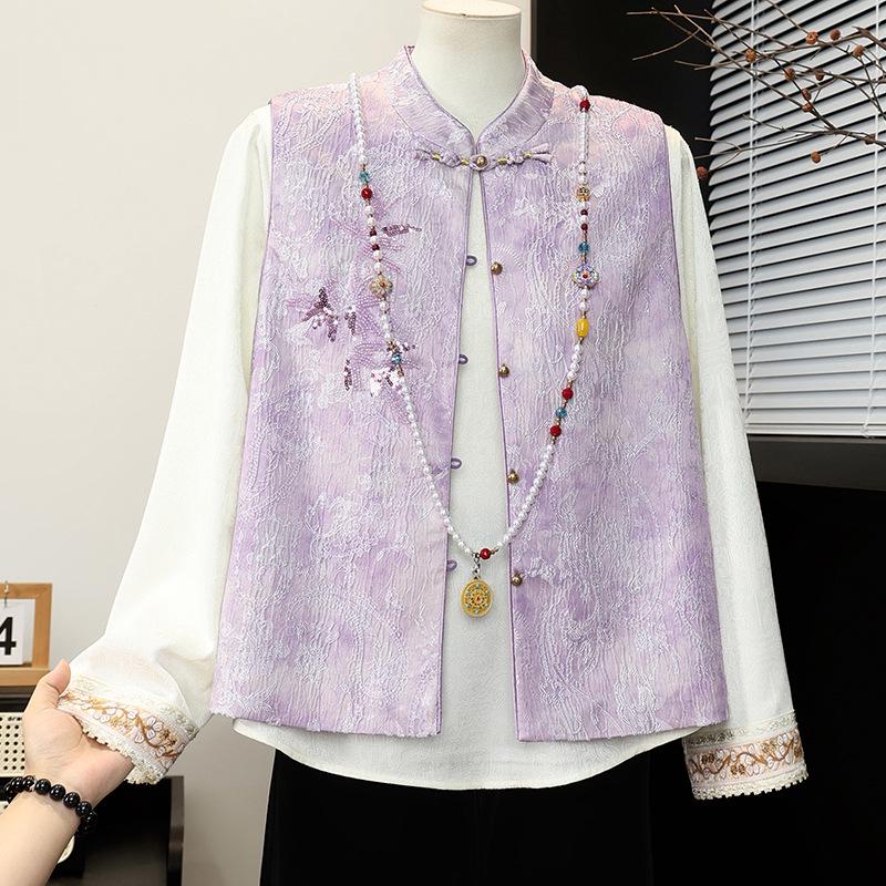 Women s Spring & Autumn Embroidered Jacquard Vest with Chinese Style Shawl 4XL