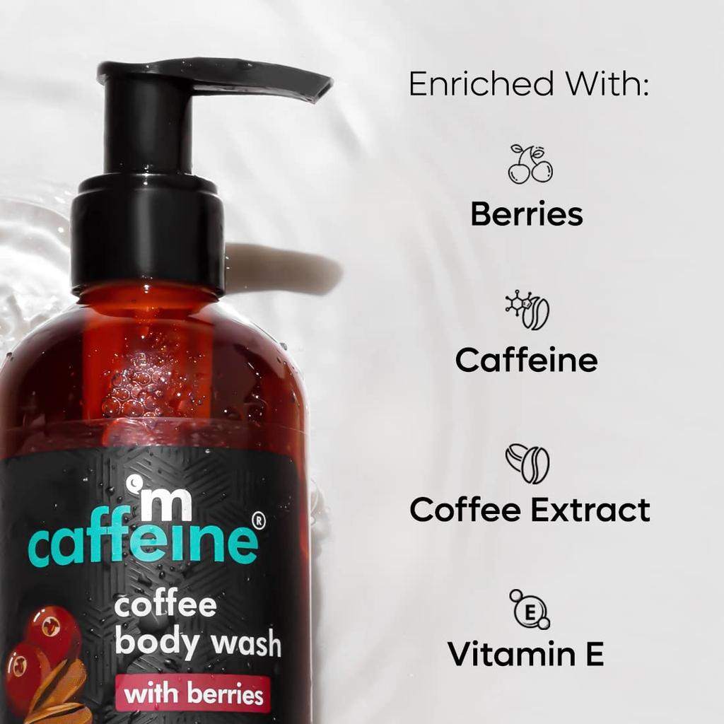 mCaffeine Coffee Body Wash With Berries De Tan Deep Cleansing Shower Gel For Skin Types Energizing Fruity Aroma 200 Ml