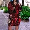 Women Plus Size V Neck Long Sleeve Printed Blue Straight Dress