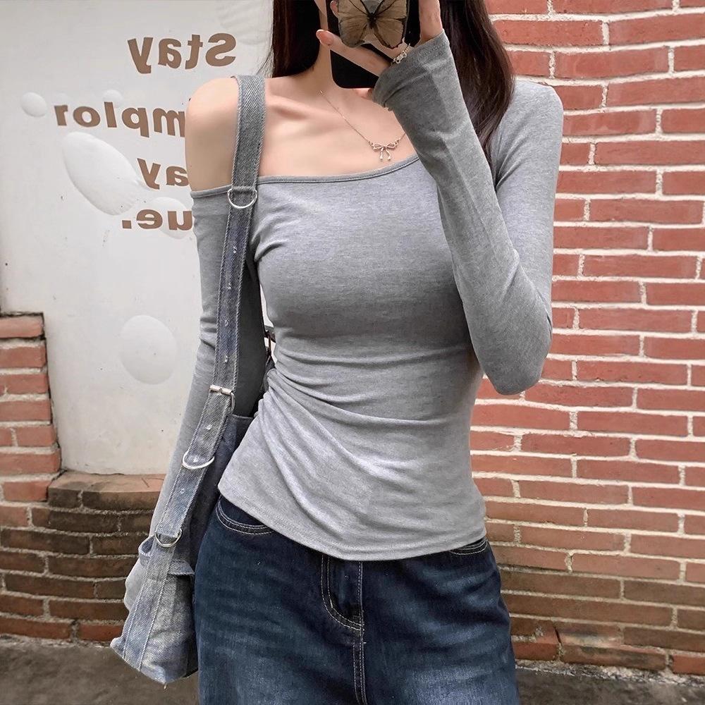 Threaded Early Autumn Sweet Spice Girl Slant Shoulder Long Sleeve T-Shirt Solid Color Slim Skinny Versatile Sexy Off-Shoulder Top, Female