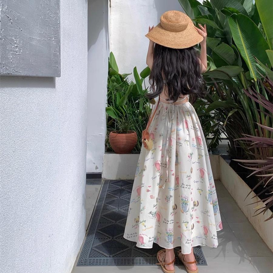 Sexy V-Ausschnitt Blumen-Trägerkleid für Damen im Sommer Schnürung Taillenfrei Ärmellos Rückenfrei A-Linie Langer Rock