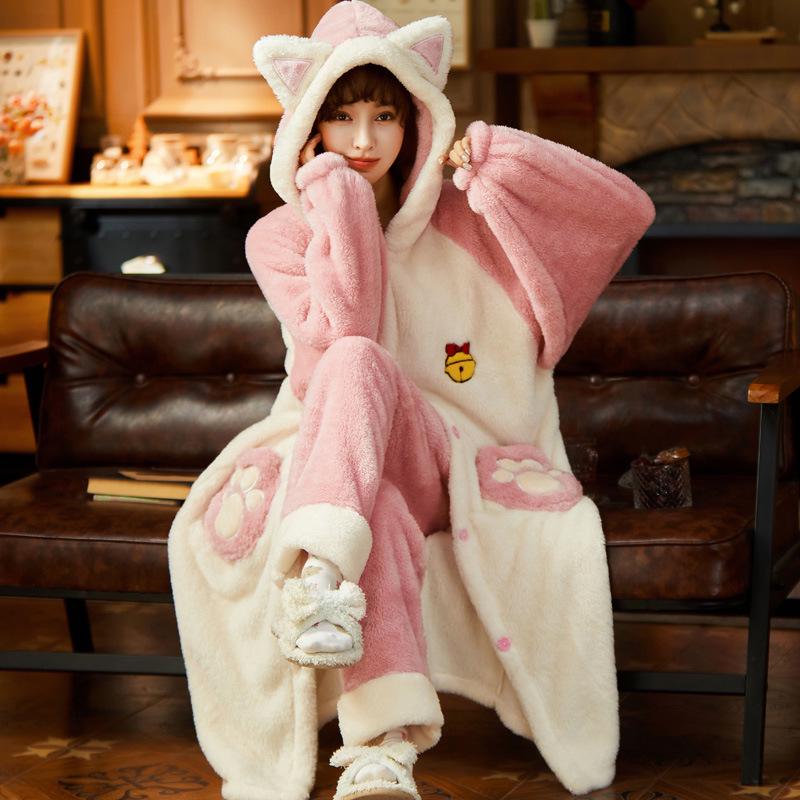 Women's Thickened Flannel Pajama Set - Coral Fleece Long Robe for Autumn/Winter